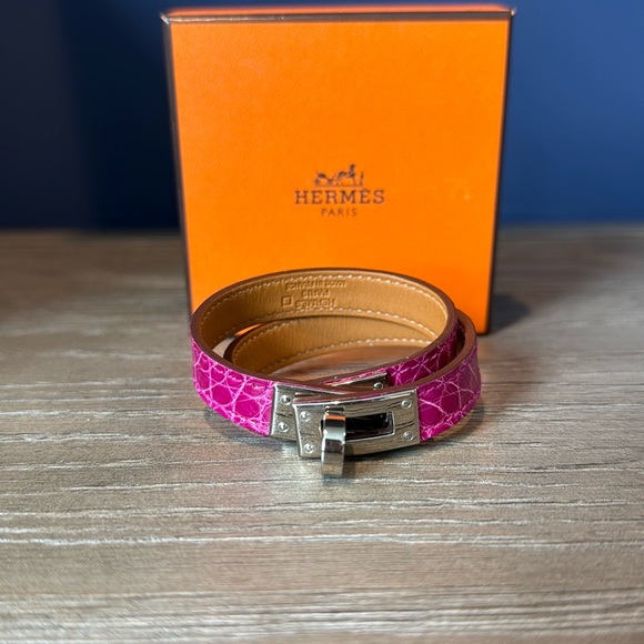 Hermès genuine shiny Alligator Kelly Double Tour Bracelet T2-small rose schehera - Picture 1 of 15